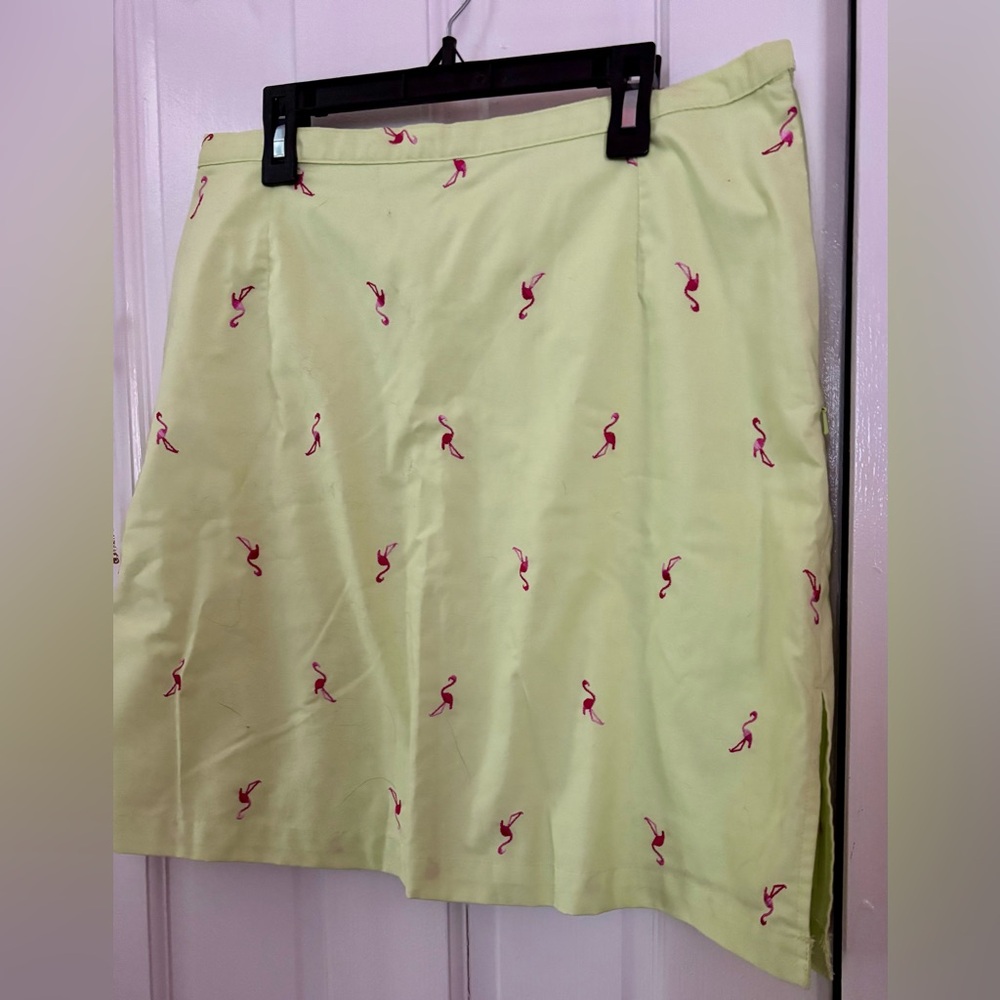 Karen Scott Green A-Line lime embroidered pink flamingo skort 12